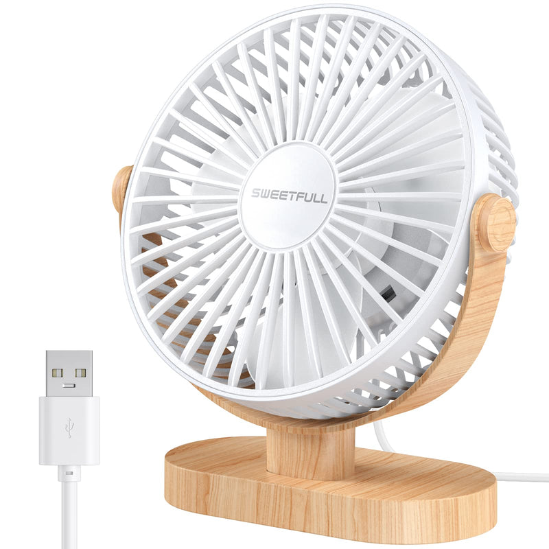 SWEETFULL 6.4 Inch USB Small Desk Fan, 3 Speeds Quiet Portable Desktop Table Fan, 360Â° Adjustment Personal Mini Fan for Home Office Car Outdoor Travel (White wood grain )