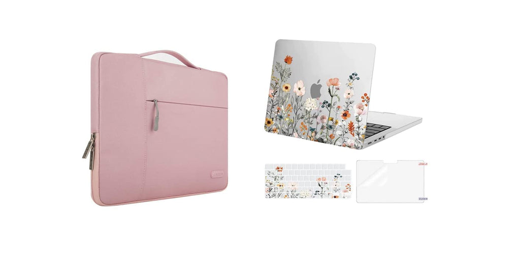 MOSISO Compatible with MacBook Pro 14 inch Case 2021 Release A2442 M1, Multifunctional Sleeve Bag&Plastic Garden Flowers Hard Shell&Keyboard Skin&Screen Protector,Pink&Transparent