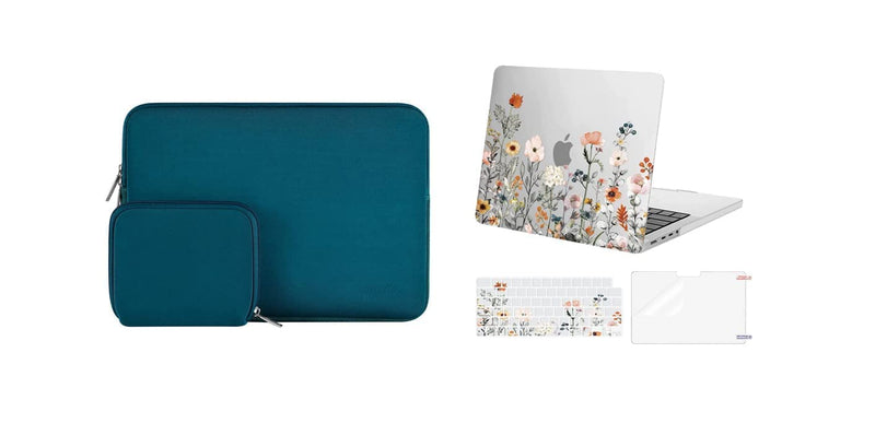 MOSISO Compatible with MacBook Pro 14 inch Case 2021 Release A2442 M1, Neoprene Sleeve Bag&Plastic Garden Flowers Hard Shell&Keyboard Skin&Screen Protector, Deep Teal&Transparent