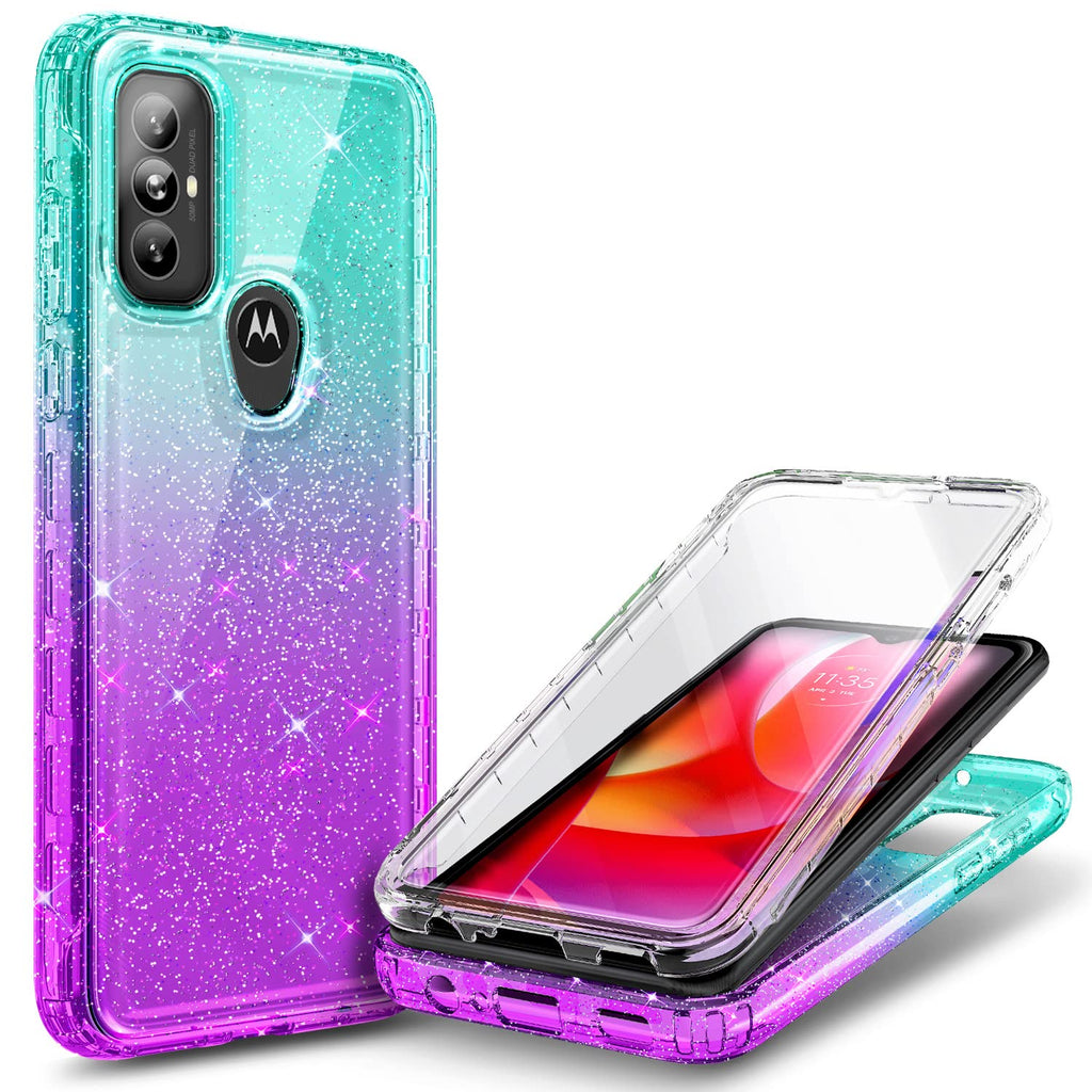 NZND Case for Motorola Moto G Power 2022 with [Built-in Screen Protector], Full-Body Protective Shockproof Rugged Bumper Cover, Impact Resist Durable Phone Case (Glitter Aqua/Purple) Glitter Aqua/Purple