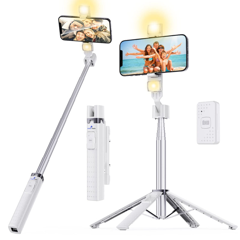 Ambertronix Selfie Stick Quadrapod with Square Lights and Bluetooth Remote, Aluminum 40 Inch, 3 Light Modes, 9 Brightness Levels, Compatible with All iPhone & Android Devices (2022 Upgrade) Silver