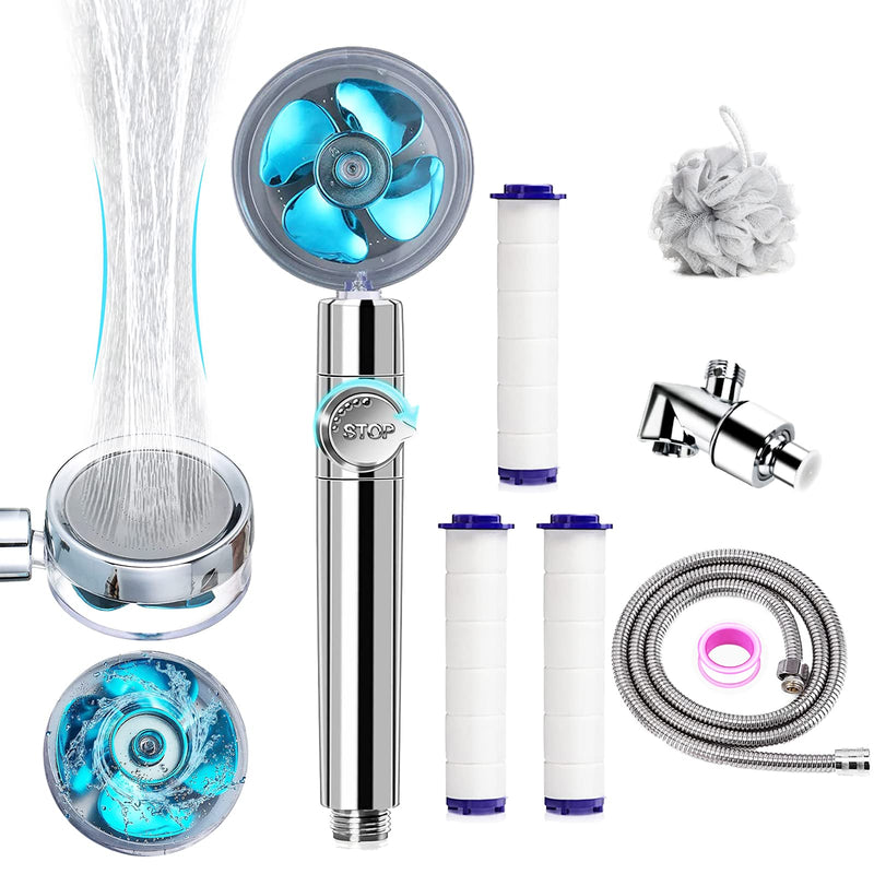High Pressure Shower Heads, Handheld Turbo Fan Shower, Hydro Jet Shower Head Kit with Replacement Hose/Bracket/Cotton Filters and Bath Loofah, One Key Pause Switch 360 Degrees Rotating Blue