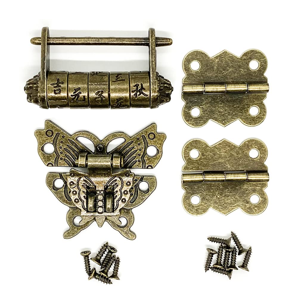Mini Antique Butterfly Hasp Latch Hinges Vintage Chinese Characters Combination Password Lock Padlocks Decorative Bronze Retro Chest Hardware for Cabinet Jewelry Box Small Wooden Box Crafts Wood Box