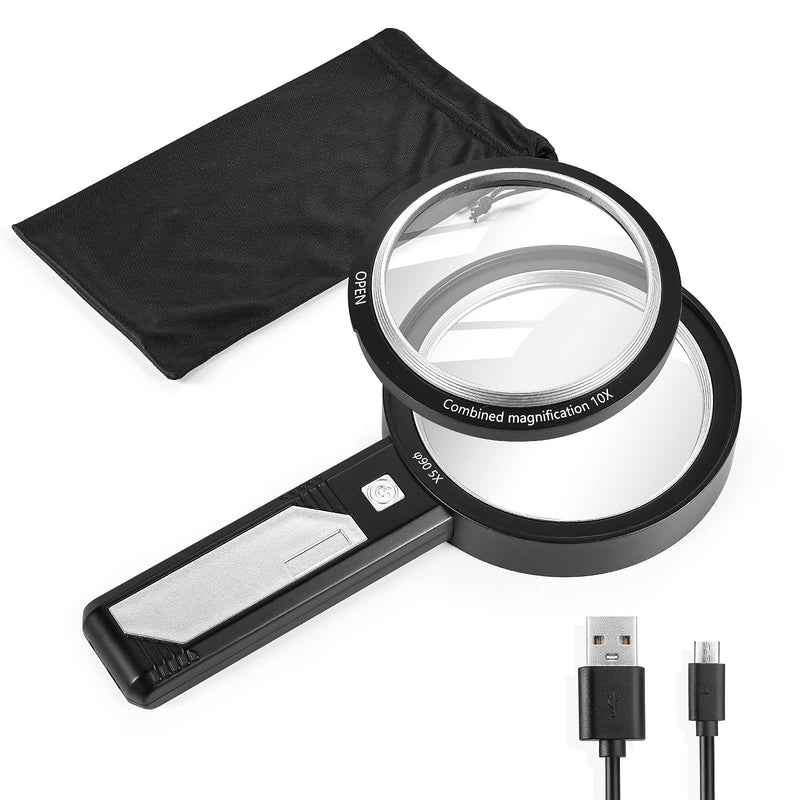 Magnifying Glass with Light, USB Rechargeable 5X 10X 15X Handheld Large Double Lens Loupe Magnifier with 8 Light for Macular Degeneration, Seniors Reading, Inspection, Map, Coins, Jewelry, Exploring