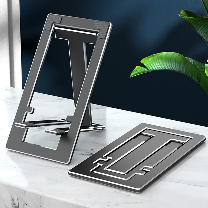ULIKTO Cell Phone Stand Fully Foldable Height Adjustable Desktop Phone Holder Aluminum Alloy Phone Mount for Desk/Office Compatible with iPhone Samsung S21 S20 iPad Mini Tablets Up to 10â€ (Black) Black