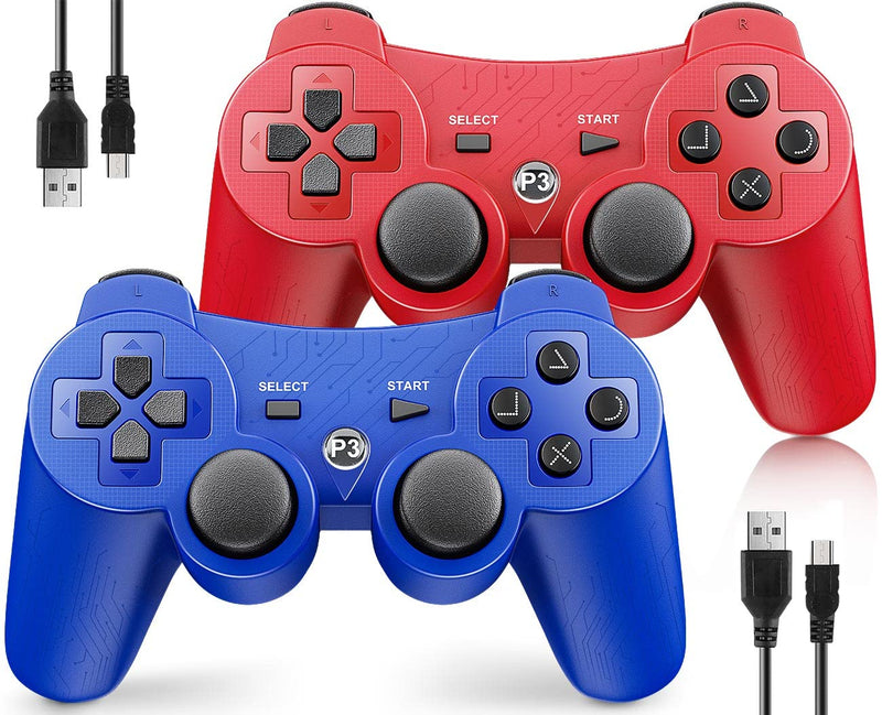 Controller Wireless for PS3, Controller for Sony Playstation 3, 2 Pack, Doubleshock,6-Axis,Upgraded Gamepad Remote for PS3 Controller for Playstation 3 Controller with Analog Joysticks 2 Charger Cords Blue + Red