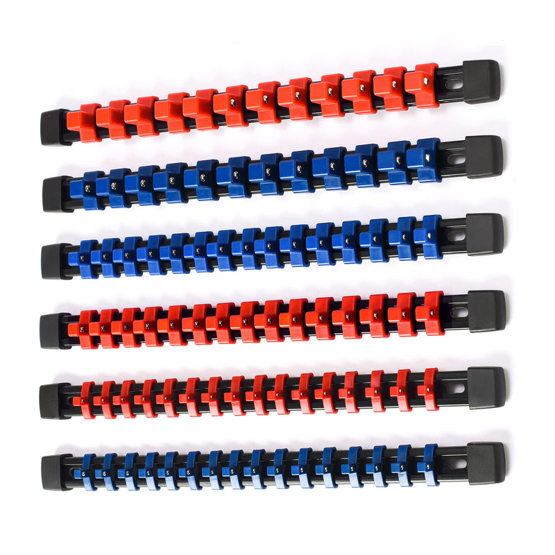 ALOANES 6PC ABS Socket Organizer,1/2 inch, 3/8 inch, and 1/4 inch Drive Socket Rail Holders, Heavy Duty Socket Racks, Black Rails with Red and Blue Clips 6 Pcs Blue and Red