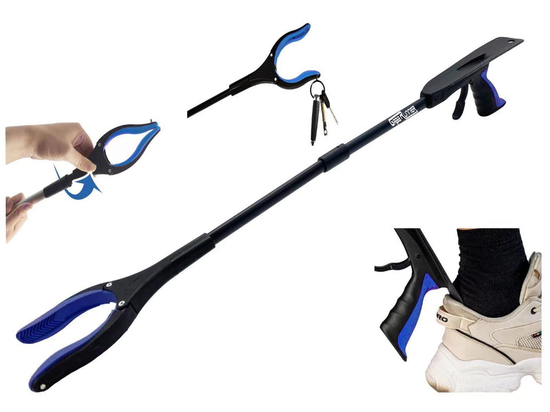 GrabRunner Deluxe Reacher Grabber with Shoehorn for Elderly,32 Inch Foldable Trash Picker Grabber with Shoehorn and Strong Magnetic, 90° Rotating Head Grabber Tool(Blue) Blue