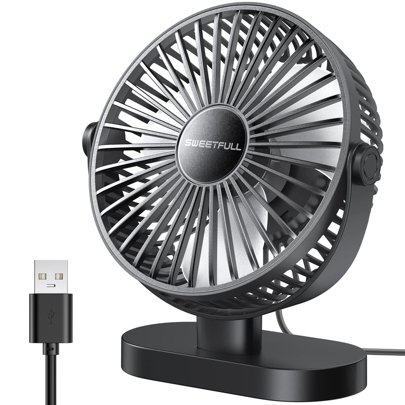 SWEETFULL 6.4 Inch USB Small Desk Fan, 3 Speeds Quiet Portable Desktop Table Fan, 360Â° Adjustment Personal Mini Fan for Home Office Car Outdoor Travel (all black) all black