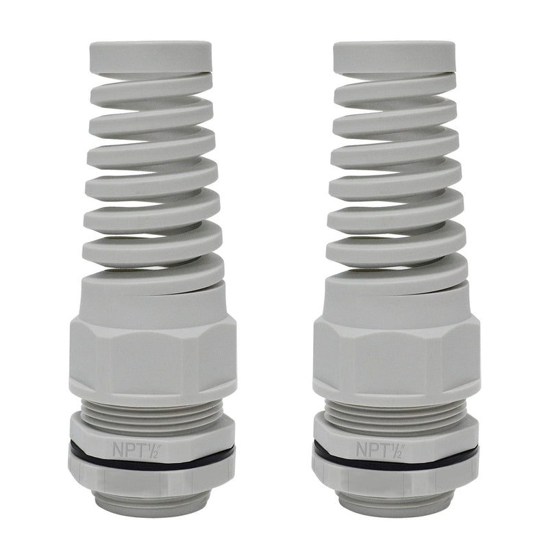 LeMotech 2Pcs NPT 1/2" IP68 Waterproof Cable Gland Flex Spiral Strain Relief Grey Nylon Joint with Gaskets for 6-12mm Wire Thread NPT 1/2" (2-Pack)