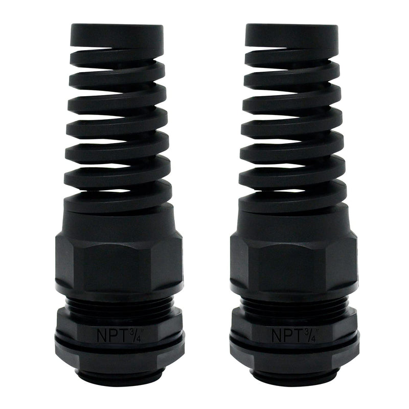 LeMotech 2Pcs NPT 3/4" IP68 Waterproof Cable Gland Flex Spiral Strain Relief Black Nylon Joint with Gaskets for 13-18mm Wire Thread NPT 3/4" (2-Pack)