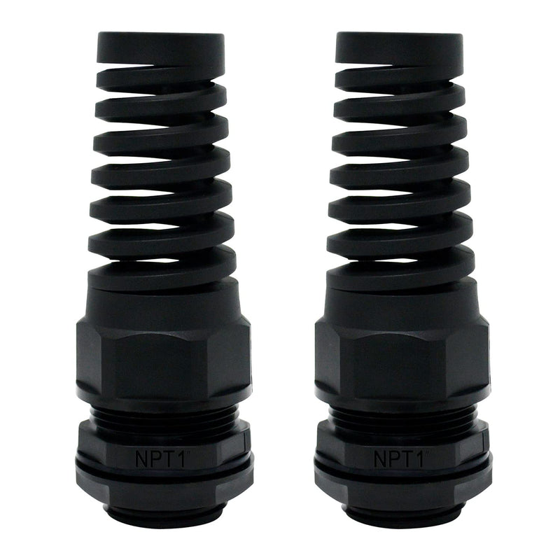 LeMotech 2Pcs NPT 1" IP68 Waterproof Cable Gland Flex Spiral Strain Relief Black Nylon Joint with Gaskets for 18-25mm Wire Thread NPT 1" (2-Pack)