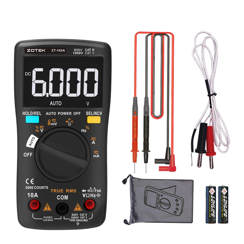 ZOTEK ZT-102A Multimeter Voltage Tester Circuit Tester Manual/Automatic Mode True RMS Auto Range Digital Multimeter Pocket Multimeter LCD 6000counts NCV,10A 60MΩ