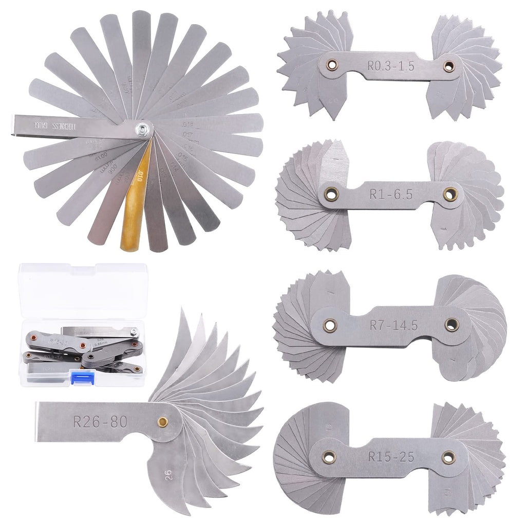 Swpeet 6Pcs 5 Sizes R0.3-1.5/ R1-6.5/ R7-14.5/ R15-25/ R26-80 Stainless Steel Radius Gauge with Feeler Gauge Kit, 5 Sizes Metric and Imperial Arc Fillet Concave Convex Gap Measuring Tool