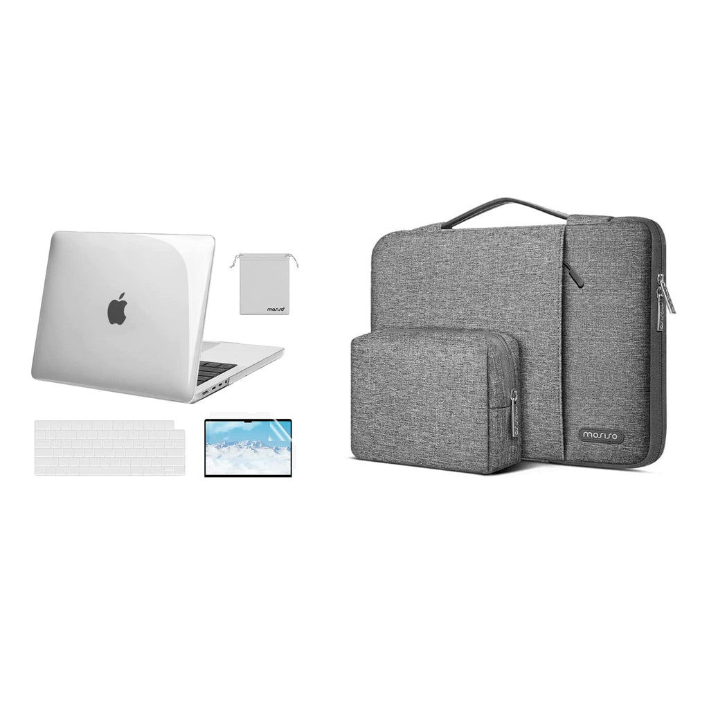 MOSISO Compatible with MacBook Pro 14 inch Case 2021 A2442 M1, 360 Protective Vertical Sleeve Bag with Small Case&Belt&Plastic Hard Shell&Keyboard Skin&Screen Protector&Storage Bag,Transparent&Gray