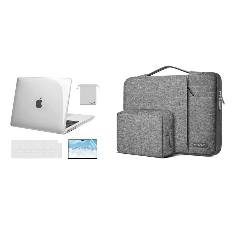 MOSISO Compatible with MacBook Pro 14 inch Case 2021 A2442 M1, 360 Protective Vertical Sleeve Bag with Small Case&Belt&Plastic Hard Shell&Keyboard Skin&Screen Protector&Storage Bag,Transparent&Gray