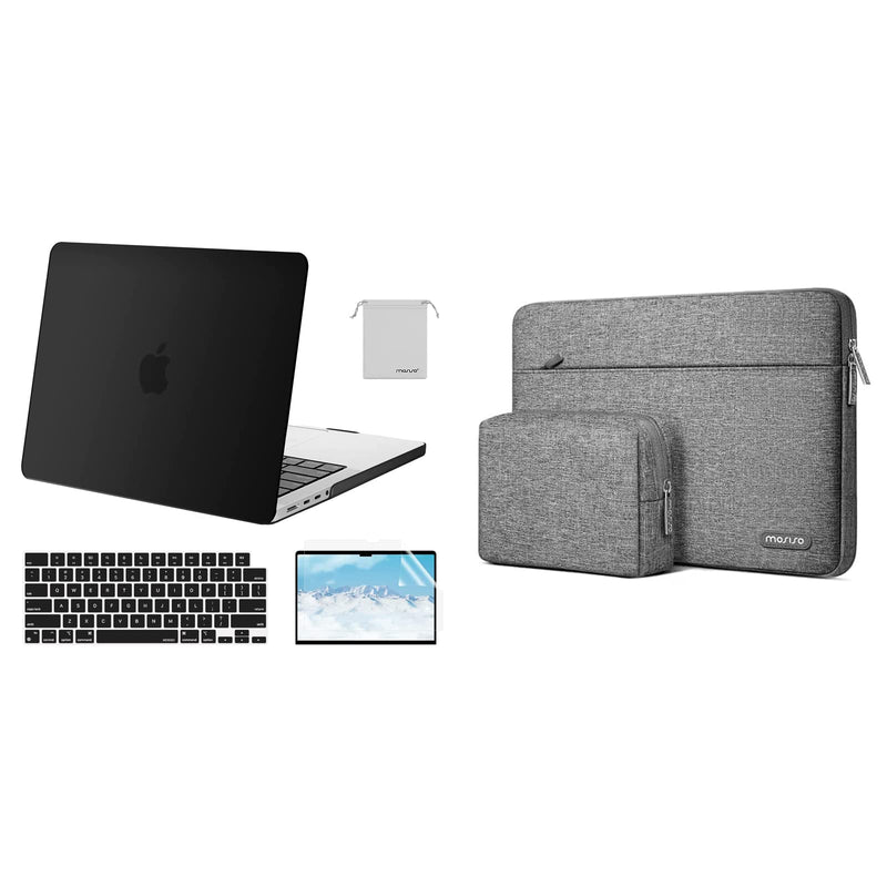 MOSISO Compatible with MacBook Pro 14 inch Case 2021 Release A2442 M1, Horizontal Sleeve Bag with Small Case&&Plastic Hard Shell&Keyboard Skin&Screen Protector&Storage Bag, Black&Gray