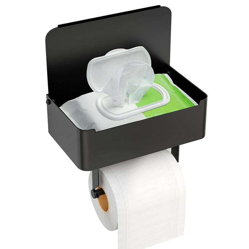 JUYSON Toilet Paper Holder with Flushable Wipes Dispenser, for Bathroom with Wipe Storage Shelf, Keep Your Wipes Hidden Out of Sight - Stainless Steel Wall Mount - Black