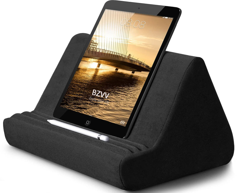 Soft Tablet Stand Pillow with Pocket,Tablet Cushion Stand,Adjustable 3 Viewing Angle,Lazy Holder Stand for Bed Sofa,Compatible with iPads Tablets eReaders Smartphones Books Magazines (Black) Black