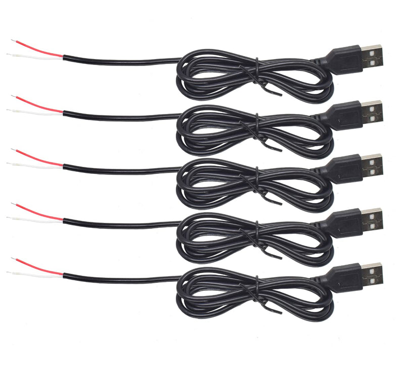 5pcs 1M/3.3ft Black 28AWG USB A Male Plug 2 Wire Power Cable Cord Connectors DIY