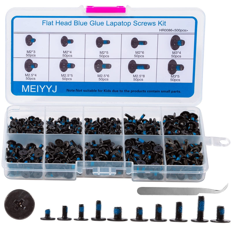 MEIYYJ Laptop Notebook Computer Replacement Screws Kit,Notebook Computer Screw with Blue Glue,PC Flat Head M2 M2.5 M3,Countersunk SSD Electronic Repair Accessories for Motherboard Fan Power Graphics 500PCS