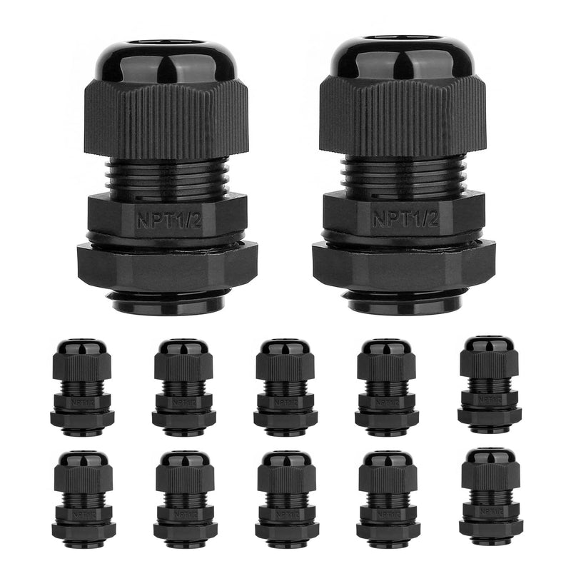 AMPELE 12 Pack 1/2'' NPT Cable Gland Waterproof Adjustable 6-12mm/0.24-0.47inch Nylon Cable Glands Joints with Gaskets (1/2", 12 Pack) 1/2'' (12-Pack)