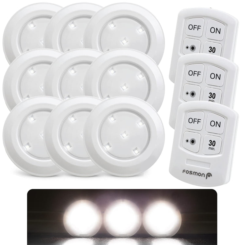 Fosmon Wireless LED Puck Light 9 Pack with Remote Control, Under Cabinet Lighting [5 Daylight White LED, Wide Floodlight Tap Style, 30-Minute Timer, Battery Operated] for Kitchen Closet Pantry Counter