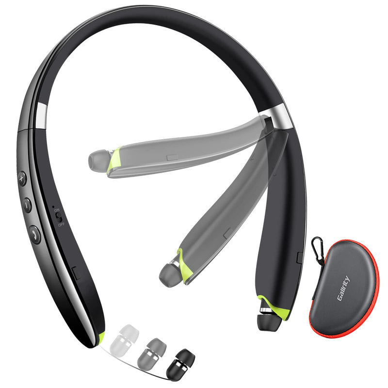 Bluetooth Headset, 2022 Upgraded Neckband Bluetooth Headphones with Retractable Earbuds, Noise Cancelling Stereo Earphones with Mic, Foldable Wireless Headphones for Sports Office with Carry Case Black