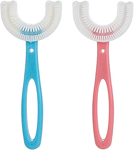 2PCS Kids U Shaped Toothbrush with Silicone Brush Head Whitening Massage Toothbrush U-Type Toothbrush Whole Mouth Toothbrush with Handle for Kids (Age 6-12(Blue+Pink)) Age6-12 (Blue+pink)1