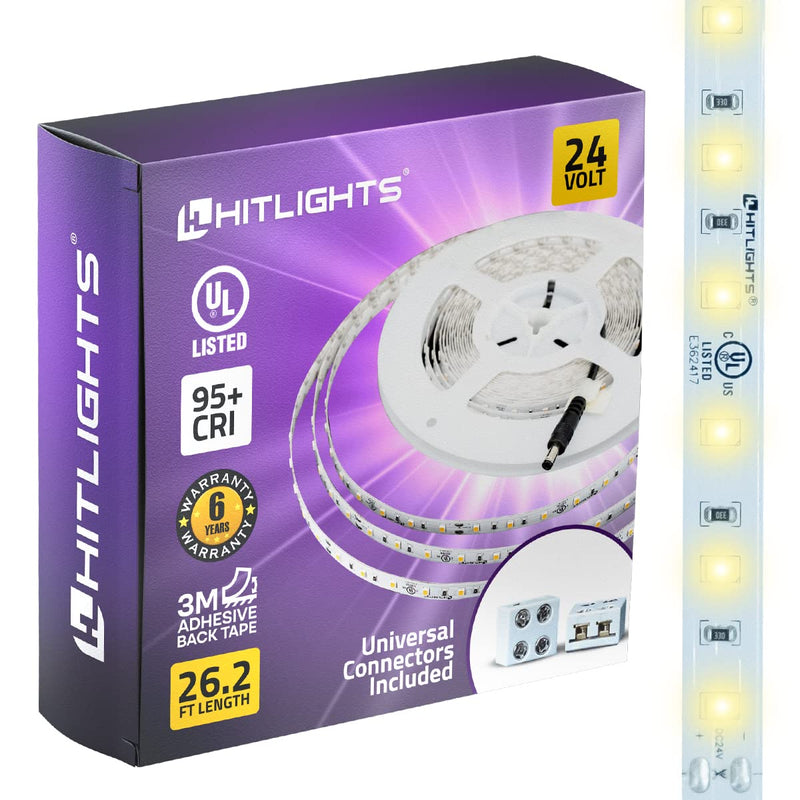 Hitlights 24V LED Strip Lights, LED Tape Light, Bright 2700K Warm White LED Lights, 26.2ft, UL Listed - Fire and Electrical Safety, 6 Years Warranty, 1325Lumen/m, IP20 for Indoor Use Indoor Use 2700K 480LED