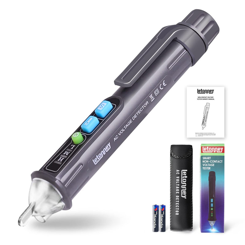 LETONNEY Non-Contact Voltage Tester Outlet Tester with LED Flashlight & Buzzer Alarm, Electrical Tester Pen with Dual Range AC 12V/48V-1000V Live/Null Wire Tester (Gray) Grey