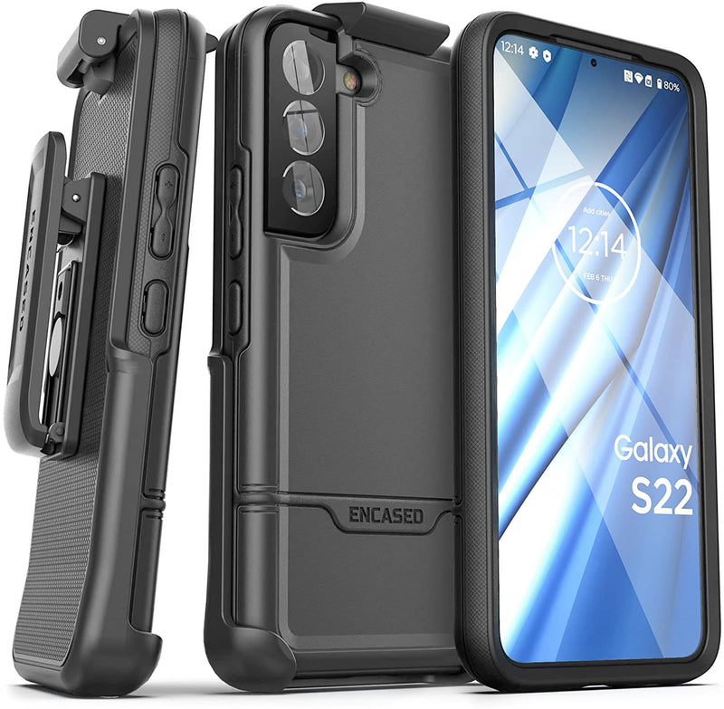Encased Rebel Designed for Samsung Galaxy S22 Belt Clip Case, Protective Shockproof Case with Holster (Black)