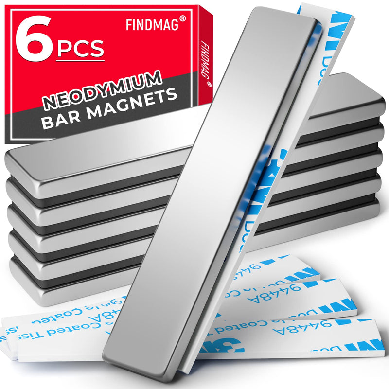 FINDMAG 6 Pack Powerful Neodymium Bar Magnets Rare Earth Magnet Bar, Strong Bar Magnets Neodymium Magnets with Double Sided Adhesive - 60 x 10 x 3 mm 6p-60x10x3 Silver