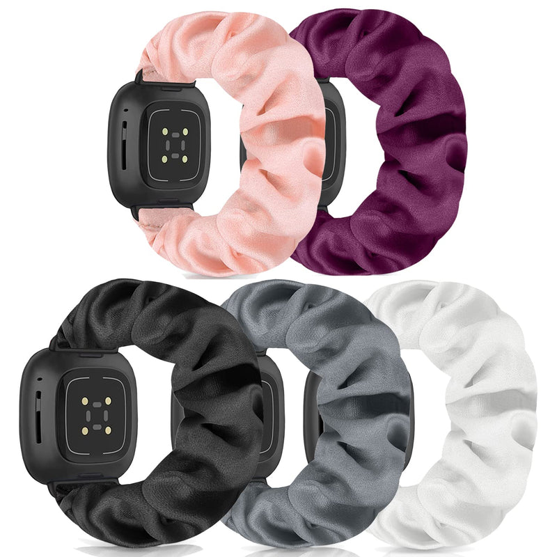 Scrunchie Watch Bands for Women Compatible with Fitbit Sense/Versa 3 Elastic Scrunchy Replacement Band Soft Stretchy Band For Fitbit Versa 3 /Sense(5 Pack A,S-Size)
