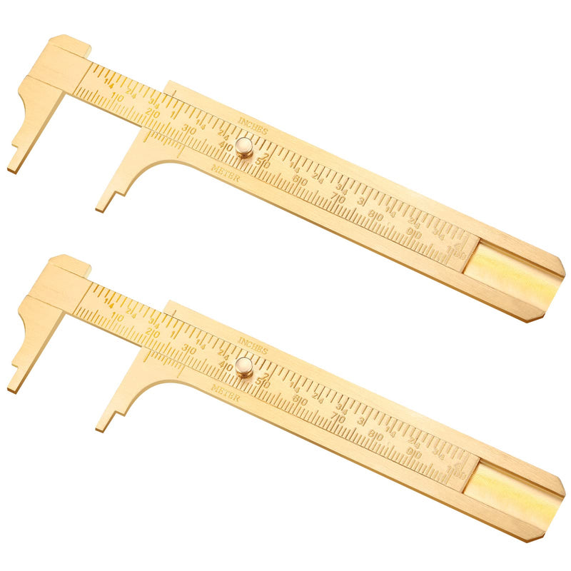 2 Pieces 4 Inch Brass Vernier Caliper Pocket Caliper Handy Caliper Measuring Tool Double Scale Sliding Gauge Mini Metal Pocket Ruler for Bead Wire Jewels Rings Measurement