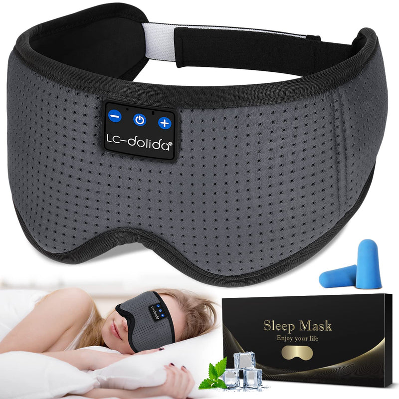 LC-dolida Sleep Headphones, Bluetooth Sleep Mask Sleeping Headphones Wireless Ice Silk Sleep Mask with Bluetooth Headphones 5.2 Bluetooth Eye Mask for Sleeping Music Headset Gifts for Men Women Grey
