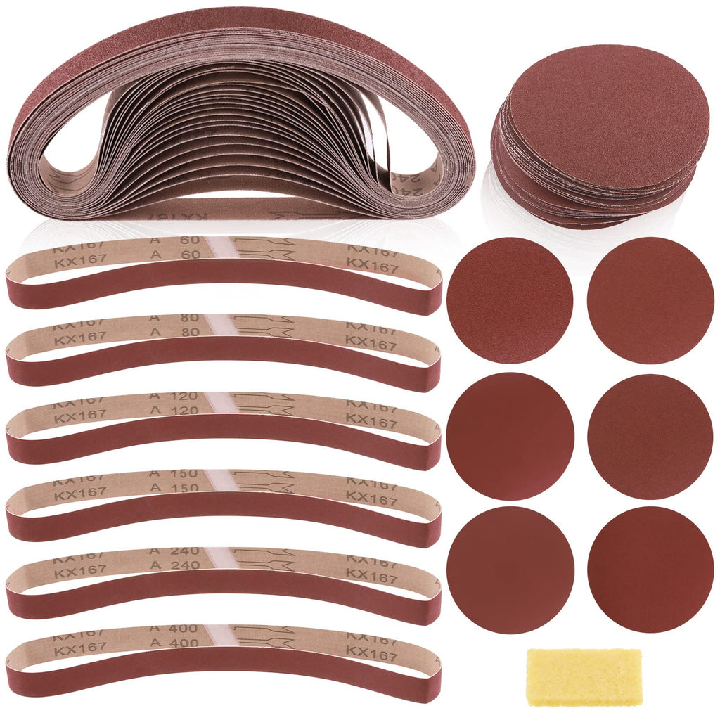 Swpeet 49Pcs 1 x 30 Inch Aluminum Oxide Sanding Belts (60/80/120/150/240/400 Grits) with 5 Inch No-hole Back Flocking Sanding Disc (80/100/120/180/240/400 Grits) and Cleaning Eraser