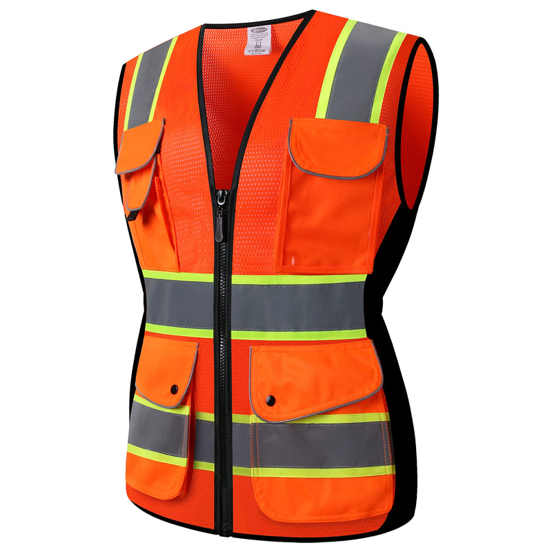 JKSafety 9 Pockets Women Hi-Vis Reflective Safety Vest | Mesh Neon Orange| Reflective Strips with Yellow Extended Trims | ANSI Compliant (168-Orange, S) Small V168-orange