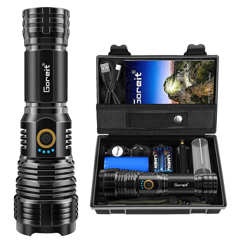 Flashlights LED High Lumens Rechargeable, Goreit 20000 Lumens XHP70.2 Super Bright Flashlight, High Powered Flash Light, Powerful Handheld Tactical Flashlights for Emergency Camping Hiking Gift Black