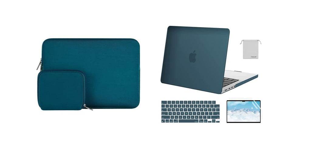 MOSISO Compatible with MacBook Pro 14 inch Case A2442, Neoprene Sleeve Bag&Plastic Hard Shell&Keyboard Cover&Screen Protector&Storage Bag, Deep Teal