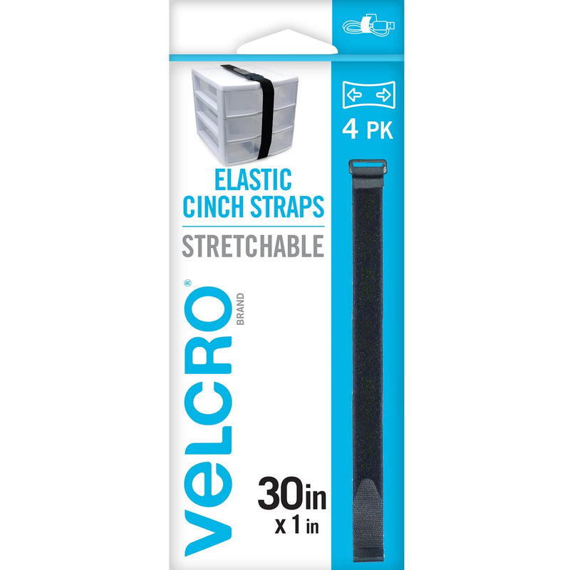 VELCRO Brand 30 Inch Elastic Straps 4 Pack | Stretchable and Adjustable for Snug Fit | Fasten Outdoor Umbrellas, Wood, Tarps, Blankets, Poles, More | Cinch with Buckle, Black 30x1 4PK Large 30"