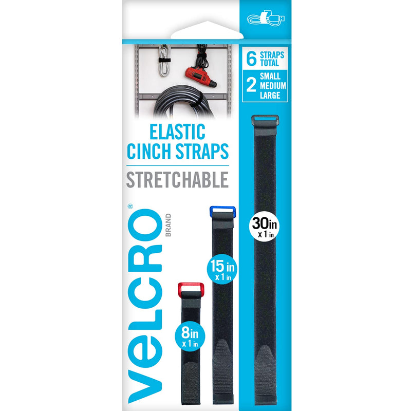 VELCRO Brand VEL-30794-AMS Elastic Cinch Straps with Buckle | 6pc Variety Pack 8"-15"-30"| Stretchable to Snugly Fasten Power Cords, Lumber, Bicycles, Sleeping Bags, Outdoor Umbrellas, More | Black 6PK Variety 8"-15"-30"