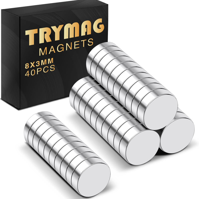 TRYMAG Refrigerator Magnets, 40Pcs Small Round Rare Earth Magnets, Tiny Strong Neodymium Disc Magnets for Whiteboard, Fridge, Office, Hobbies, Crafts and Billboard 8mmx3mm