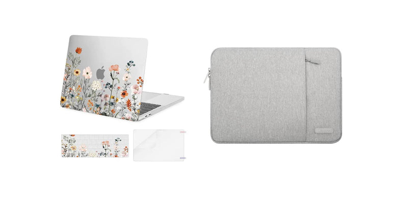 MOSISO Compatible with MacBook Pro 13 inch Case 2016-2020 Release A2338 M1 A2289 A2251 A2159 A1989 A1706 A1708, Vertical Sleeve Bag&Plastic Garden Flowers Hard Shell&Screen Protector, Transparent&Gray