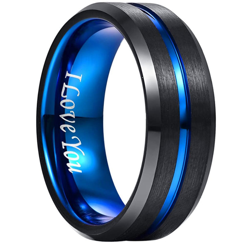 NUNCAD 4mm/6mm/8mm/10mm Tungsten Ring for Men Women Black/Blue/Gold/Rose Gold/Silver Groove Wedding Bands Beveled Edges Engraved I Love You Size 4 to 17 8mm-Black Blue I Love You 6