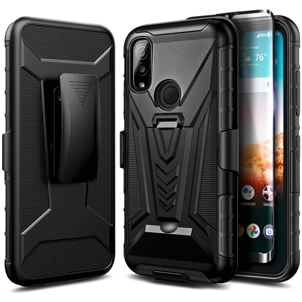 NZND Case for Kyocera DuraSport 5G (C6930) with Tempered Glass Screen Protector (Maximum Coverage), Belt Clip Holster Kickstand, Heavy Duty Protective Shockproof Armor Defender Case Cover (Black) Black