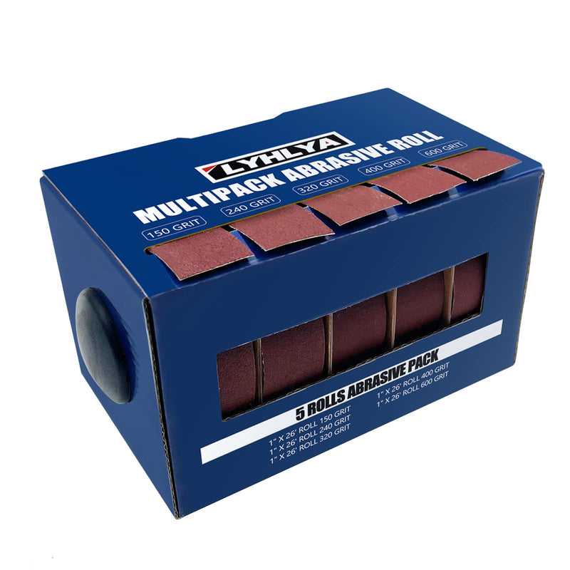 5 Rolls Sandpaper, 1 Inch x 26 Feed Sand Paper Abrasive Paper with Dispenser Emery Cloth Roll for Wood Furniture Finishing Metal Sanding Automotive Polishing, 150/240/320/400/600 5