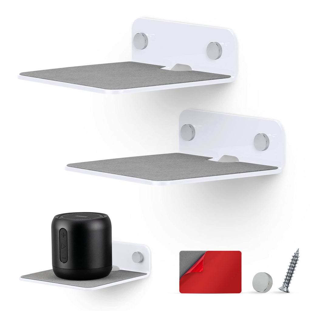 2-Pack 4â€ Small Floating Shelf Bluetooth Speaker Stand, Adhesive & Screw Wall Mount, Anti Slip, for Cameras, Baby Monitors, Webcam, Router & More, Universal Holder by Brainwavz (SHELF11 White)