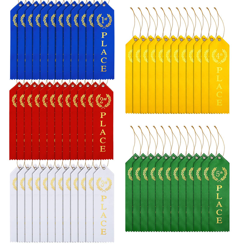 75 Pcs Award Ribbons 1st, 2nd, 3rd, 4th, 5th Place Flat Carded Set Prize Ribbon Contest Award Ribbons with Event Card and Rope for Competition, Sports Event, School, Contests