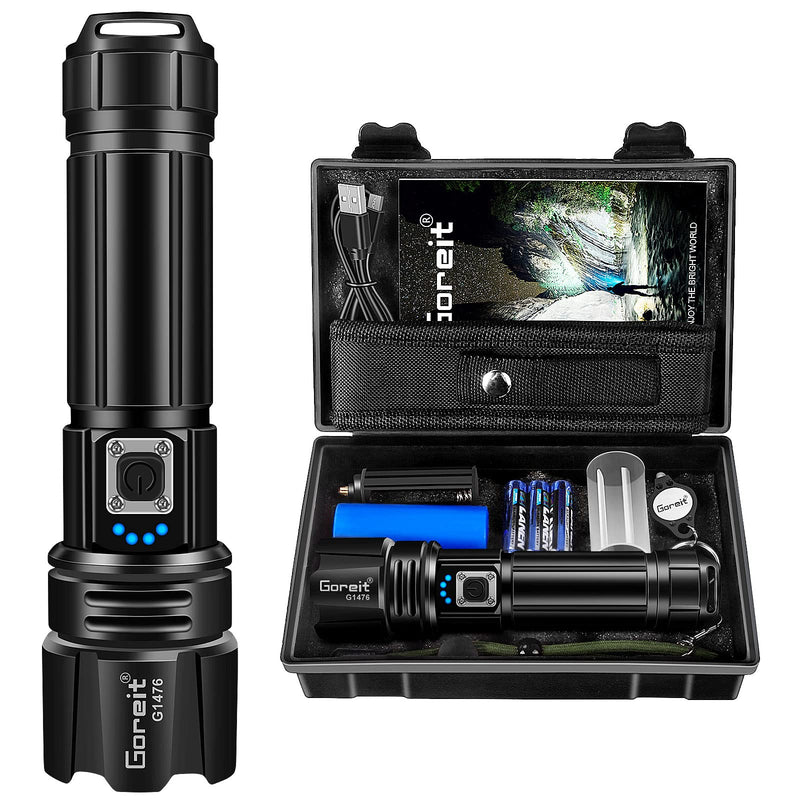Flashlight High Lumens Rechargeable, Goreit 20000 Lumen Led Flashlights XHP70.2 USB Super Bright Flash Light, High Powered Handheld Flashlights for Emergencies Camping, IP67 Waterproof, Zoomable Black